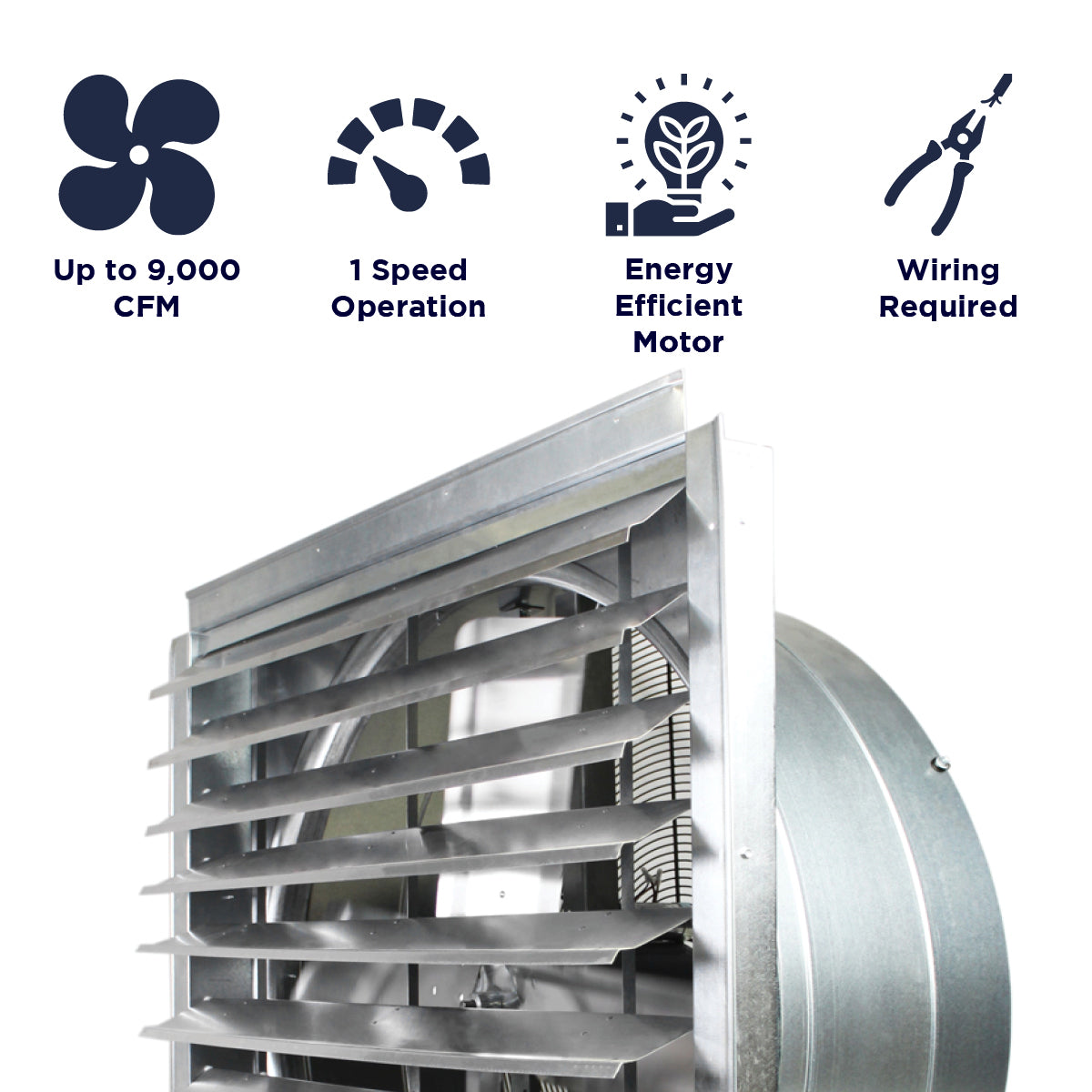 Features of the IF36 include 9,000 CFM operation, 1 speed design, an energy efficient motor, and electric wire-in installation.