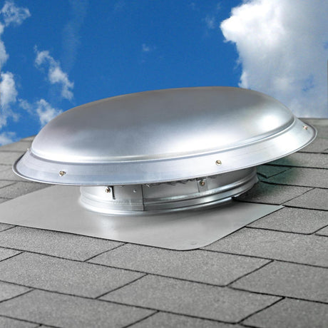 Roof mount power attic ventilator with silver mill dome installed on a rooftop acts as a low profile, attractive ventilation solution to match your shingles. 