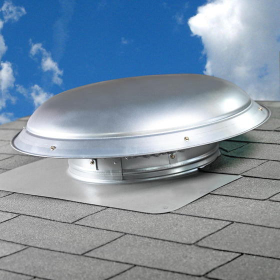 Roof mount power attic ventilator with silver mill dome installed on a rooftop acts as a low profile, attractive ventilation solution to match your shingles.