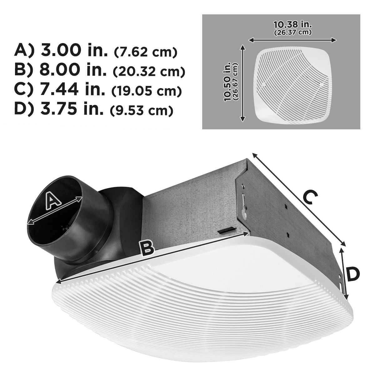 Dimensional drawing showing the bathroom exhaust fan housing and grille specs.