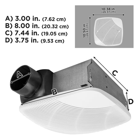 Dimensional drawing showing the bathroom exhaust fan housing and grille specs.