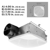 Dimensional drawing showing the bathroom exhaust fan housing and grille specs.