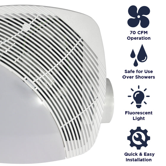 Features of the NXMS70FL include 70 CFM operation, safe for installation over showers, built-in lamp holder, and quick and easy install.
