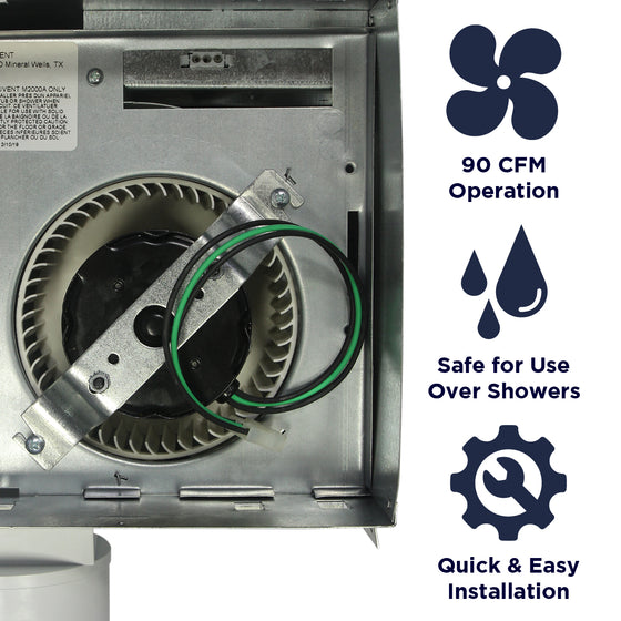 Features of the NXMS90 include 90 CFM operation, safe for installation over showers, and quick and easy install.