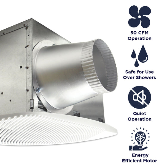 Features of the NXSH50 include 50 CFM operation, safe for installation over showers, quiet operation, and an energy efficient motor.