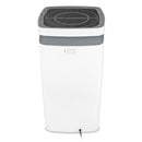 Back view of the white tower air purifier showing the air quality sensor, power cord, and air outlet. 