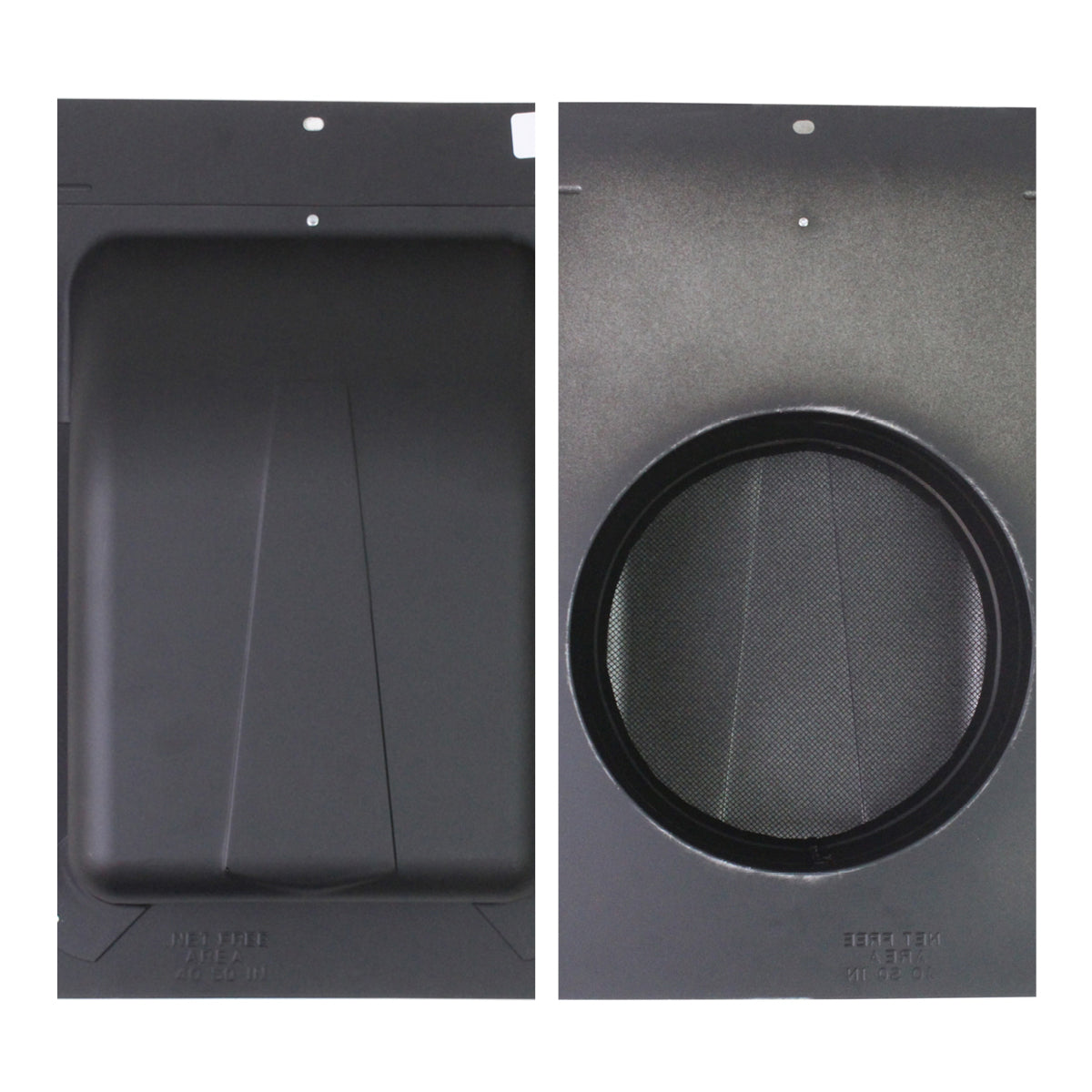 Detail view of the top and underside of the slant back vent showing the mesh screen and steel construction.