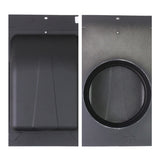 Detail view of the top and underside of the slant back vent showing the mesh screen and steel construction.