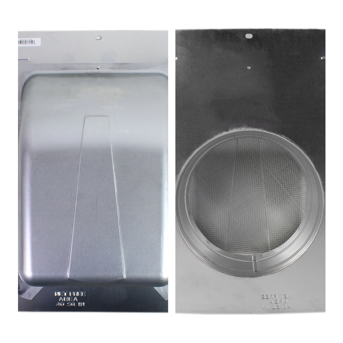 Detail view of the top and underside of the slant back vent showing the mesh screen and steel construction. 