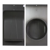 Detail view of the top and underside of the slant back vent showing the mesh screen and steel construction.