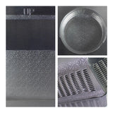 Detailed close-up of textured aluminum material, underside with vent opening, and vent screen.