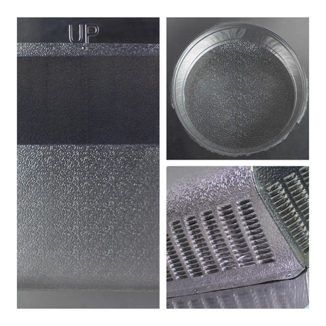 Detailed close-up of textured aluminum material, underside with vent opening, and vent screen.