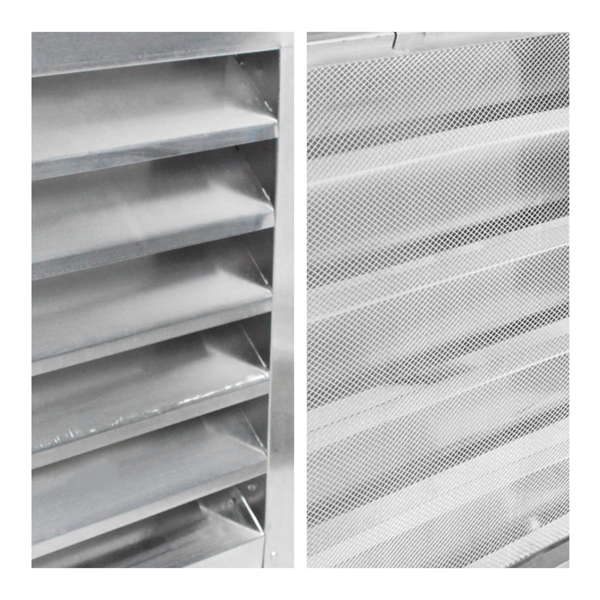 Detailed close-up of aluminum louvers and mesh screen.