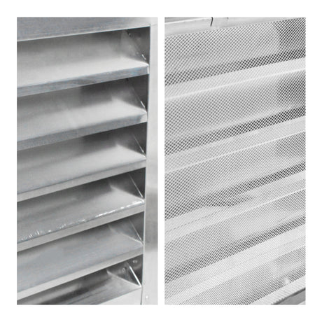 Detailed close-up of aluminum louvers and mesh screen.