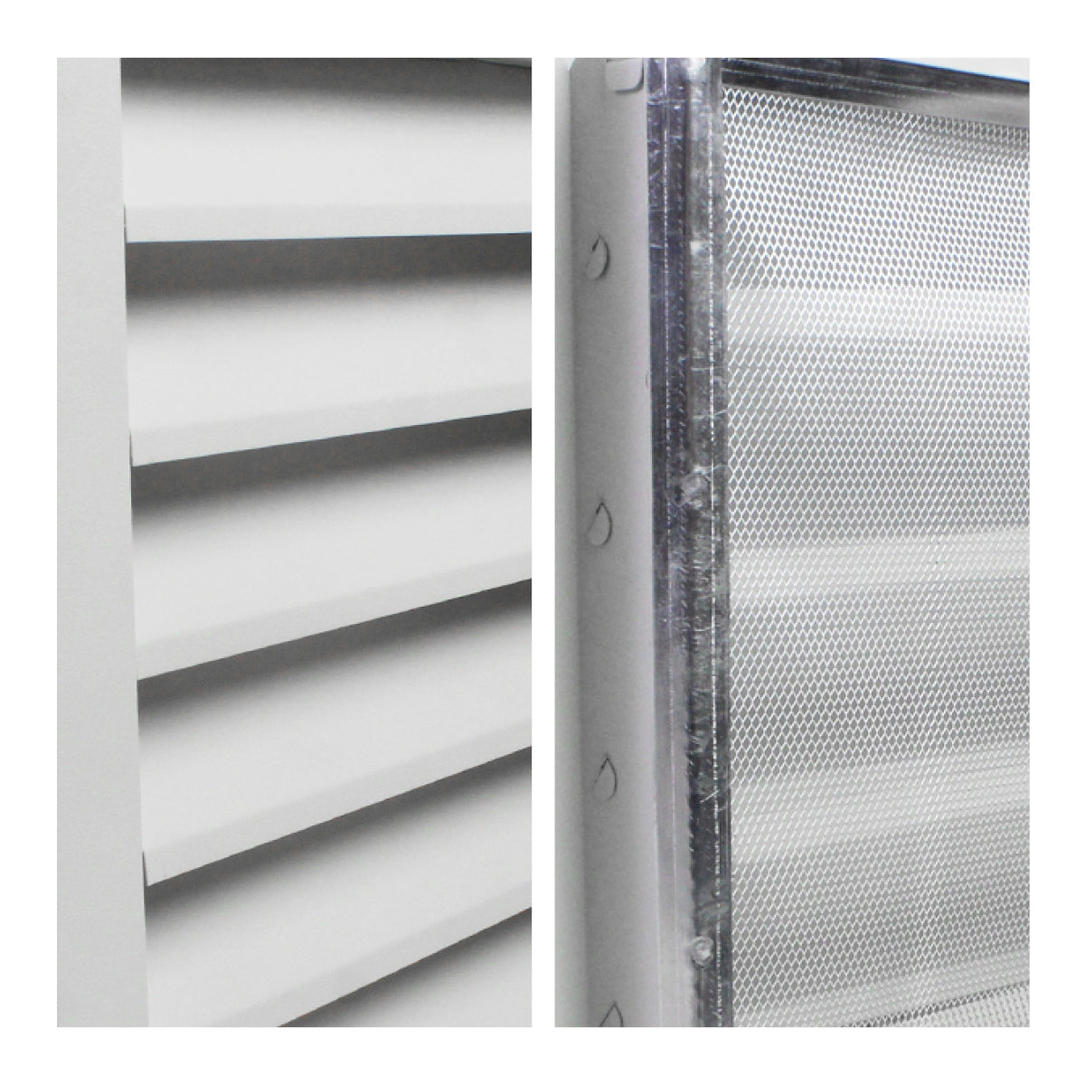 Detailed close-up of aluminum louvers and mesh screen.