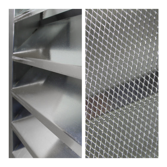 Detailed close-up of aluminum louvers and mesh screen.