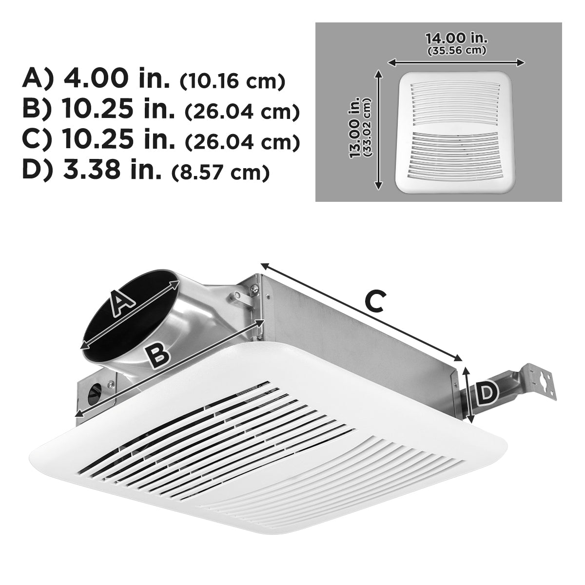 Dimensional drawing showing the bathroom exhaust fan housing and grille specs.