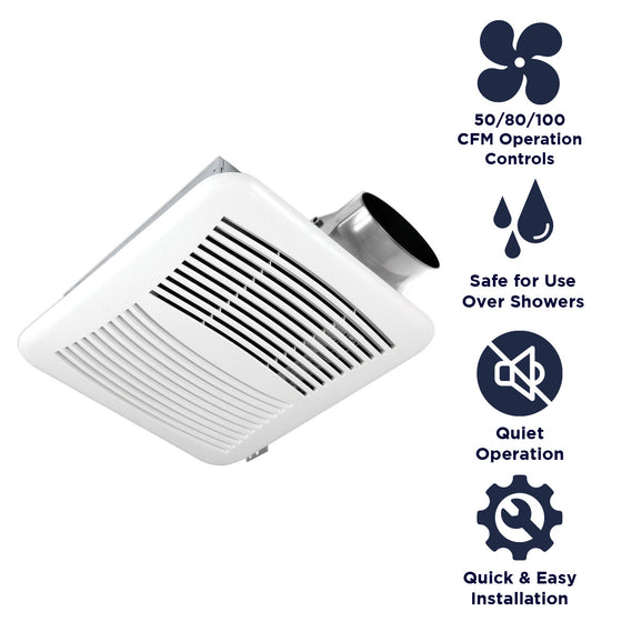 Features of the SL100-3  include 50-80-100 CFM operation, safe use over a shower when installed in a GFCI branch circuit, quiet operation, and easy installation.