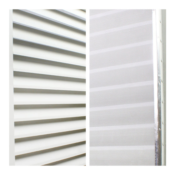 Detailed close-up of aluminum louvers and mesh screen.