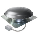 1,200 CFM steel roof mount exhaust fan in weathered gray finish showing the adjustable thermostat with conduit.