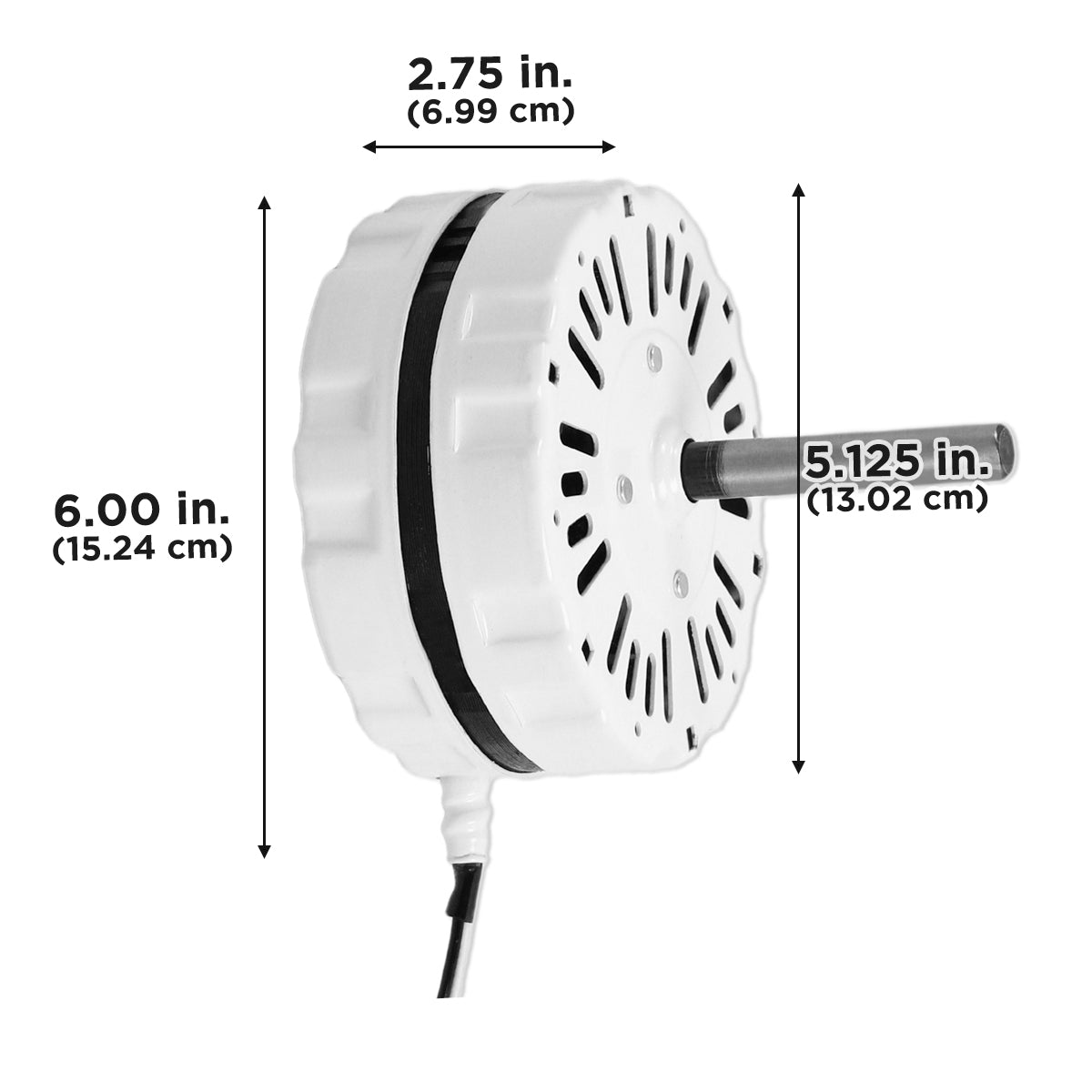 The motor assembly housing is 5.125 in. (13.02 cm) tall and 2.75 in. (6.99 cm) deep. 