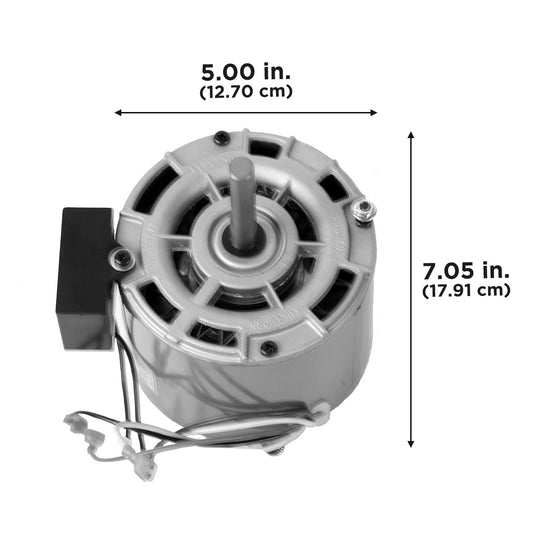 Dimensions - this motor is 5" wide and 7.05" deep when installed. 