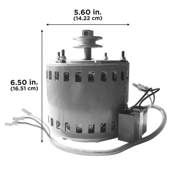 This motor is 6.5 in. (16.51 cm) high and 5.6 in. (14.22 cm) wide.