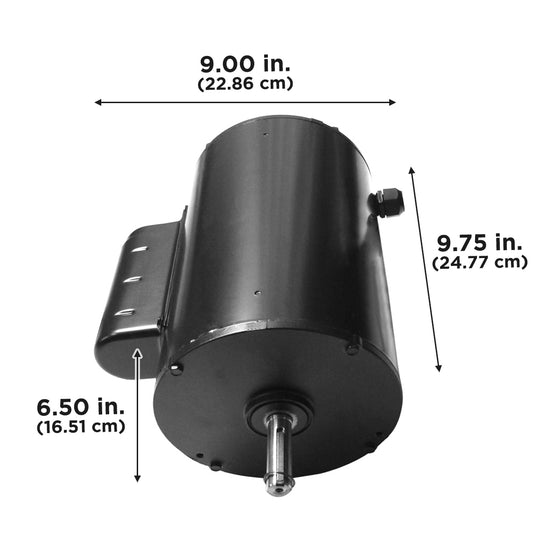 This motor is 6.5 in. (16.51 cm) high, 9 in. (22.86 cm) wide and 9.75 in. (24.77 cm) deep.