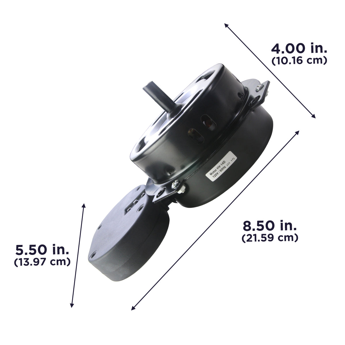 The motor assembly is 8.5 in. (21.59 cm) high, 5.5 in. (13.97 cm) wide, and 4 in. (10.16 cm) deep. 