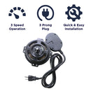 The XEFLOOR414 has a 3 speed operation, a 3 prong plug, and installs quickly and easily to your floor fan.