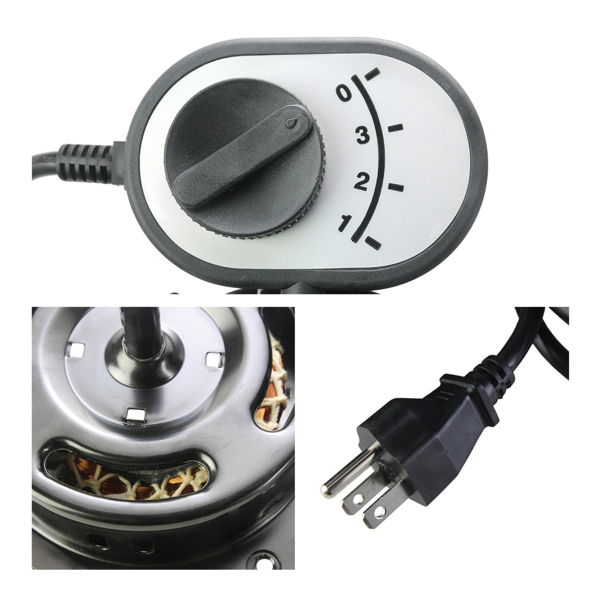 Close-up of speed switch, motor vents, and plug.