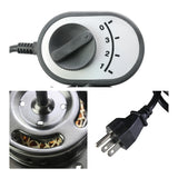 Close-up of speed switch, motor vents, and plug.