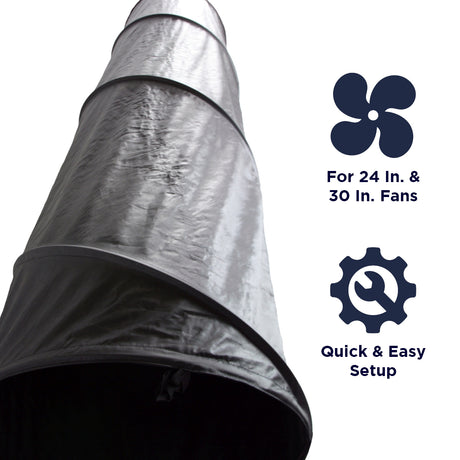 The XXBF2430DUCT is compatible with both 24 and 30 in. Maxx Air barrel fans and is secured quickly to the fan using a drawstring. 