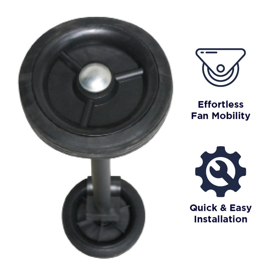 This wheel kit allows for easy fan mobility and transportation, and snaps on the cradle base for tool-free install. 
