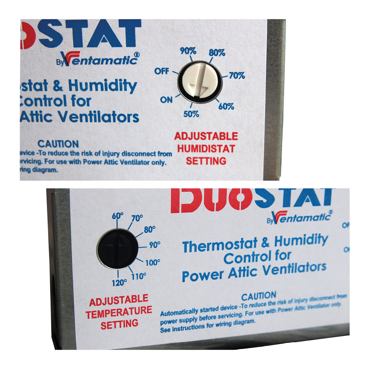 Close-up of humidity and temperature knobs with clearly labeled temperature and humidity percentage settings, which can be adjusted with a flathead screwdriver. 