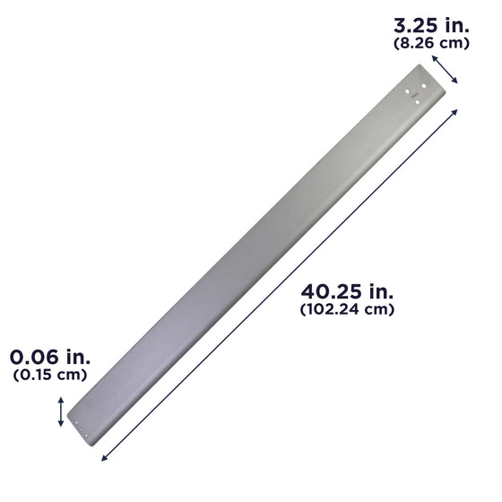 The replacement blade is 40.25 in. (102.24 cm) long, 3.25 in. (8.26 cm) wide, and 0.06 in. (0.15 cm) thick.