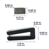 Each balancing weight is 3 grams and is 0.4 in. (1.02 cm) tall and 0.75 in. (1.91 cm) wide. The clip is 0.6 in. (1.52 cm) tall and 1.75 in. (4.45 cm) wide.