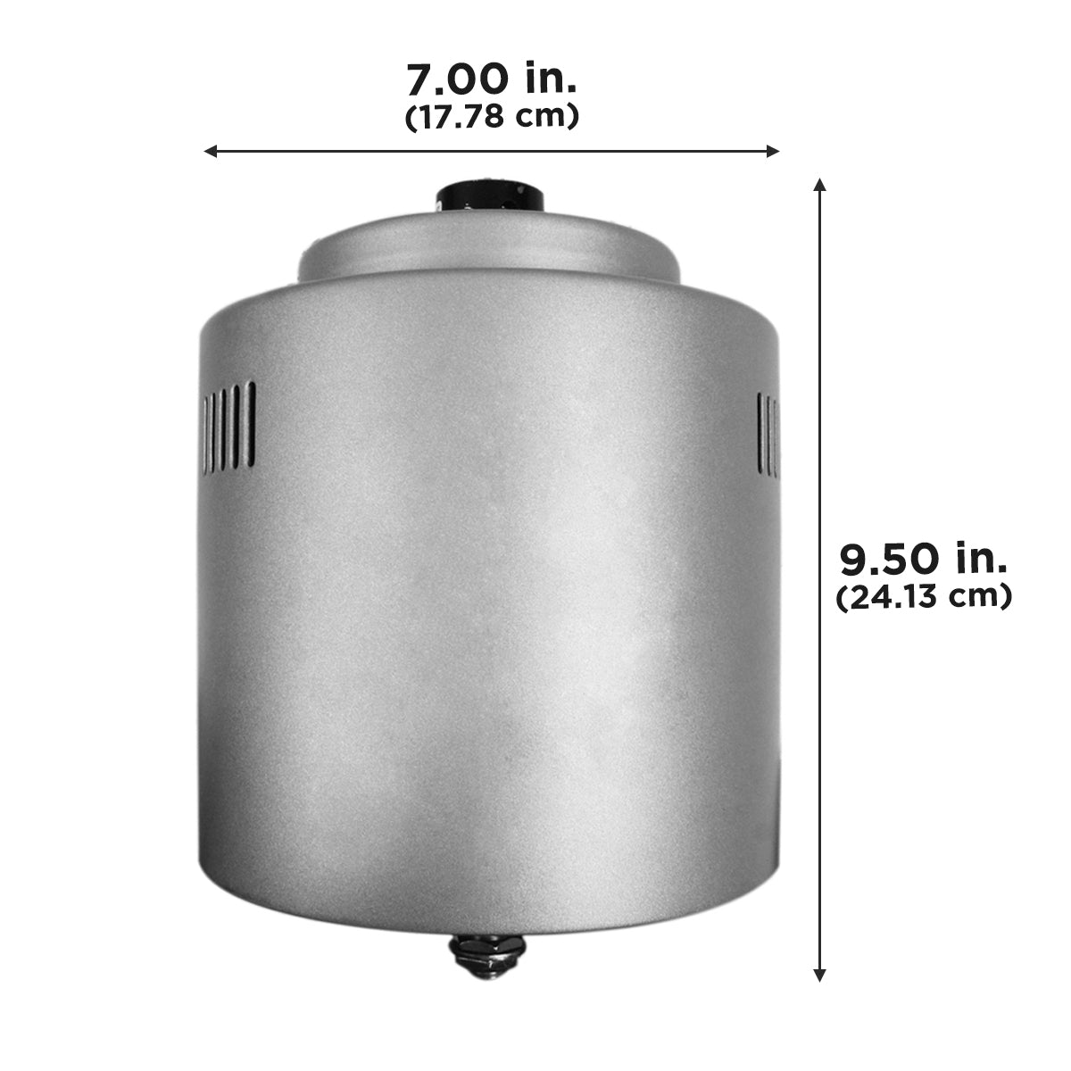 The XXICFMOTOR is 7 in. (17.78 cm) wide and 9.5 in. (24.13 cm) tall. 