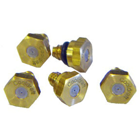 Close-up of 5 brass nozzles included in the pack. 