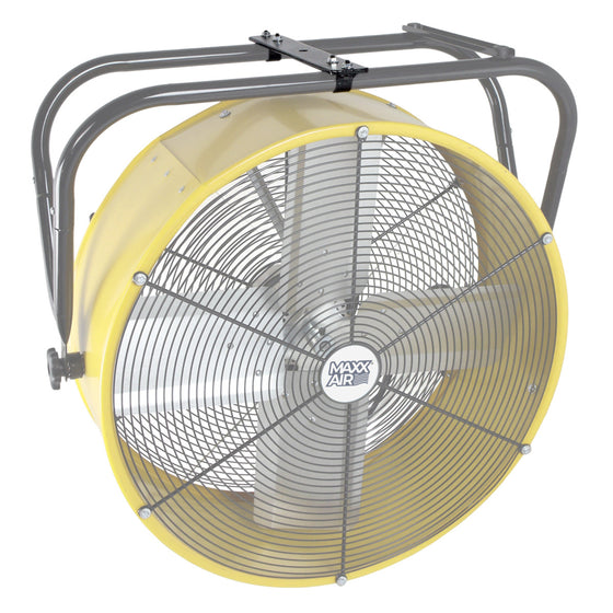 Wall mount kit installed on a 24 in. yellow tilt fan.